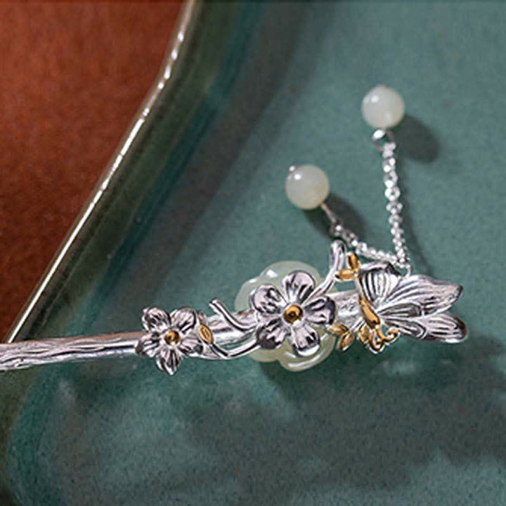 Horquilla de bendición de flor de jade blanco hetiano de plata de ley 925