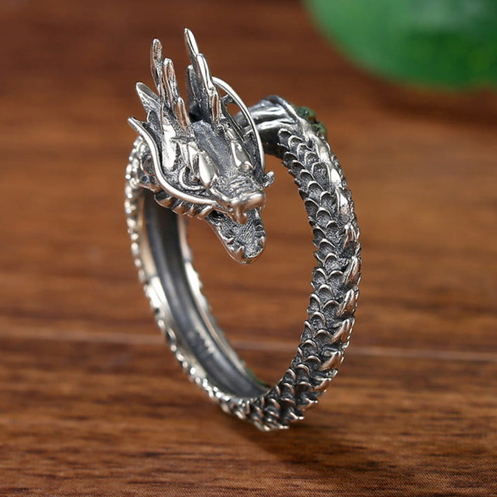 Anillo ajustable de plata de ley 925 con Buddha Stones , diseño de dragón vintage, protección del éxito, fuerza