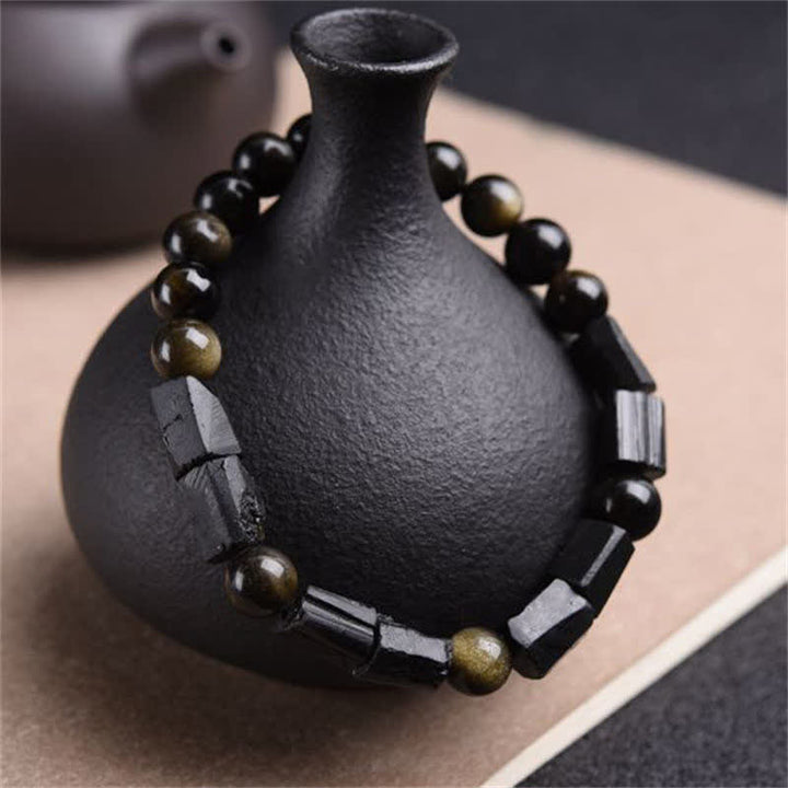 Pulsera de riqueza de turmalina negra obsidiana con brillo dorado de Buddha Stones