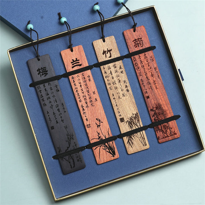 Marcadores de madera de crisantemo de bambú de orquídea ciruela con Buddha Stones con caja de regalo