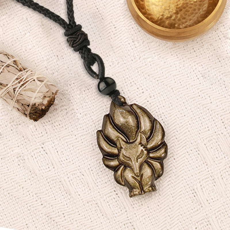 Collar de protección con colgante de zorro de obsidiana con brillo dorado de fluorita natural con Buddha Stones