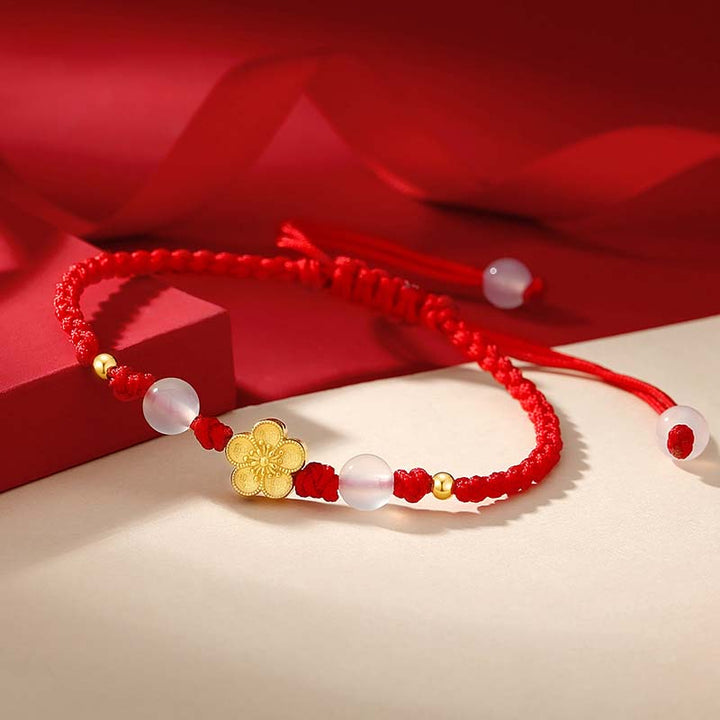 Pulsera de cuerda roja de la suerte con cuentas de calcedonia de cerezo y flor de melocotón de Plata de Ley 925 hecha a mano con Buddha Stones