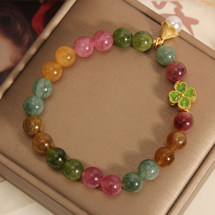 Pulsera de la sabiduría de la flor del trébol de cuatro hojas de la turmalina colorida de las Buddha Stones
