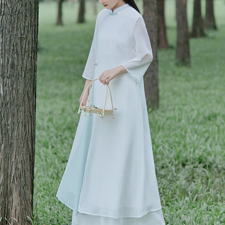 Vestido midi Cheongsam de gasa con manga tres cuartos y Buddha Stones , pantalones de pierna ancha, ropa de práctica Zen para meditación