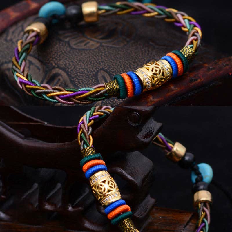 Pulsera de cuerda tejida con moneda de cobre, hecha a mano, con nudo de ocho hilos, Buddha Stones tibetanas - image 7