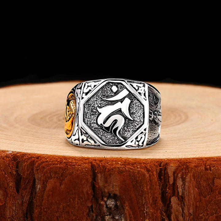 Anillo ajustable de protección tallada con diseño sánscrito de plata de ley 925 con Buddha Stones