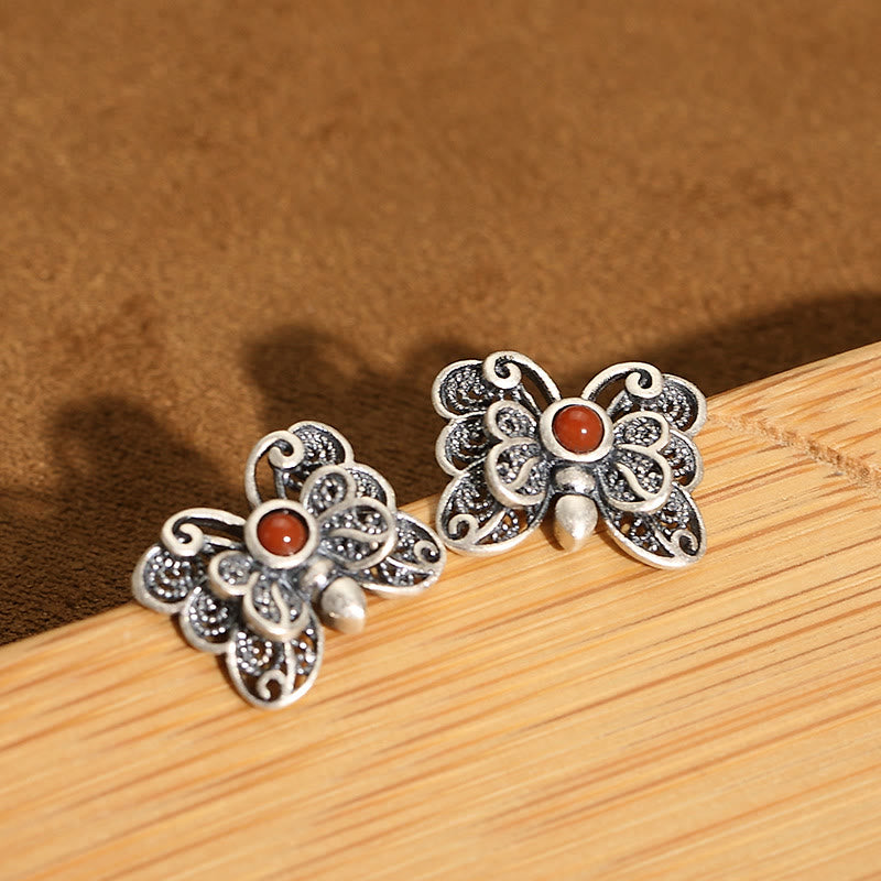 Juego de pendientes de anillo de autoaceptación de mariposa de ágata roja de plata de ley 925 con Buddha Stones