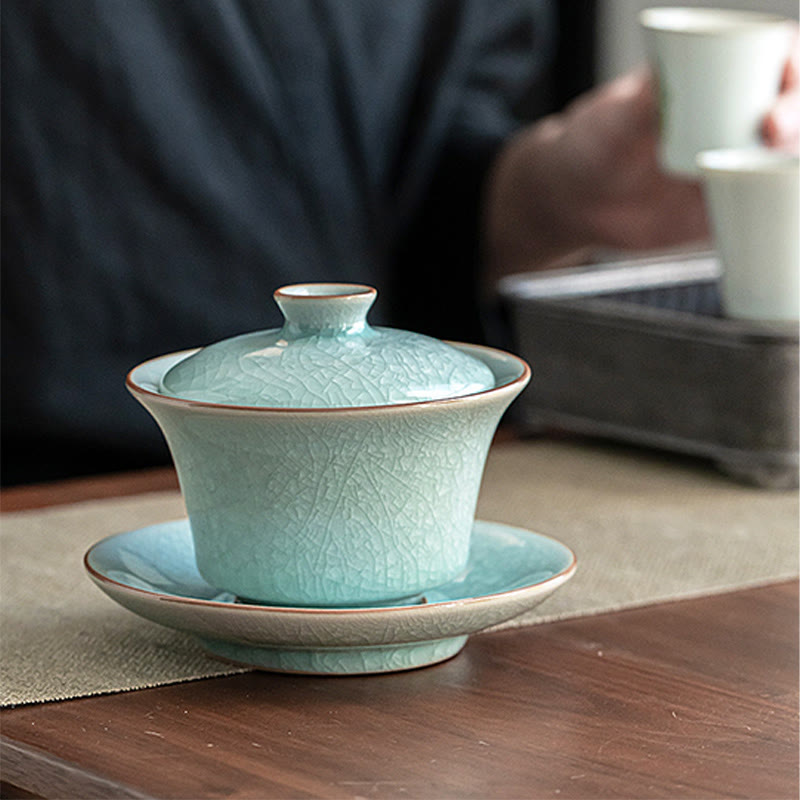 Taza de té y platillo de cerámica con esmalte de hielo, Retro verde, Buddha Stones , Gaiwan Sancai, Kung Fu