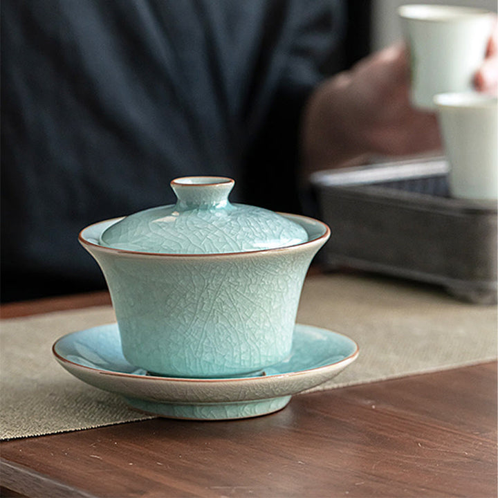 Taza de té y platillo de cerámica con esmalte de hielo, Retro verde, Buddha Stones , Gaiwan Sancai, Kung Fu
