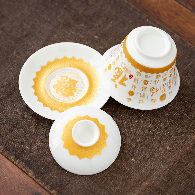 Taza de té y platillo con tapa, taza de té de cerámica Gaiwan, Sutra del corazón budista, Buddha Stones , pequeño personaje Fu, Kung Fu