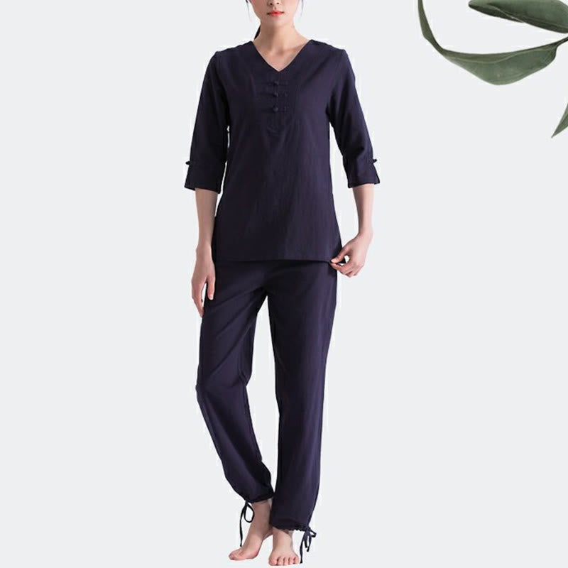 Conjunto de ropa de lino y algodón con diseño de cuello en V para mujer, uniforme de práctica Zen, Buddha Stones, Yoga, meditación y oración