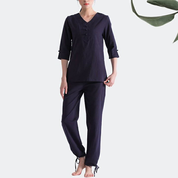 Conjunto de ropa de lino y algodón con diseño de cuello en V para mujer, uniforme de práctica Zen, Buddha Stones, Yoga, meditación y oración