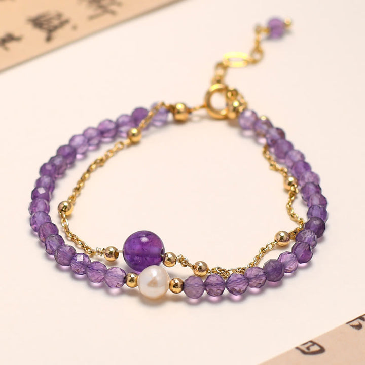 Pulsera de cadena de doble capa curativa con cristal de amatista chapada en oro de 14 quilates con Buddha Stones