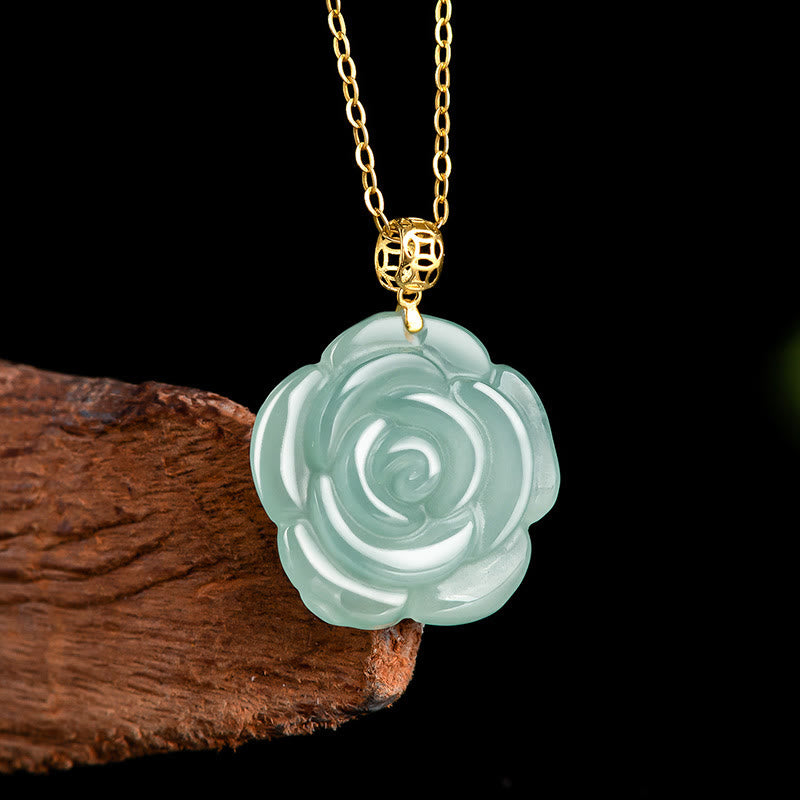 Collar con colgante de jade natural y rosa de la suerte con cadena de plata de ley 925 y hebilla de oro de 18 quilates con Buddha Stones - image 1