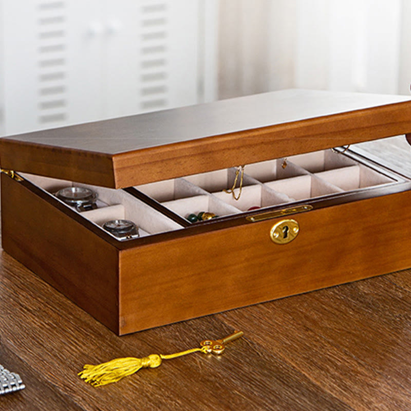 Caja de joyería de madera vintage con Buddha Stones, caja de almacenamiento de joyería de madera maciza de dos capas