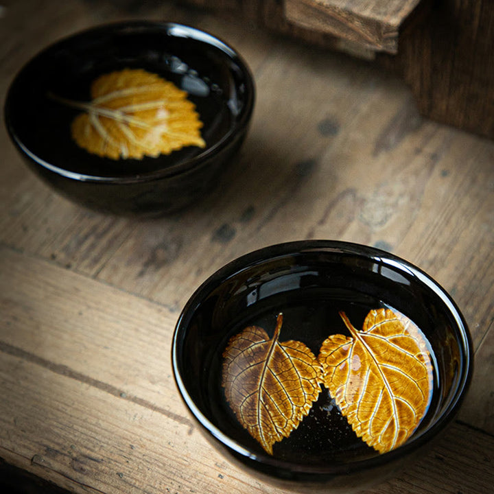 Buddha Stones, hoja de arce dorada, taza de té de cerámica china Jianzhan, tazón de taza de té Tenmoku Kung Fu