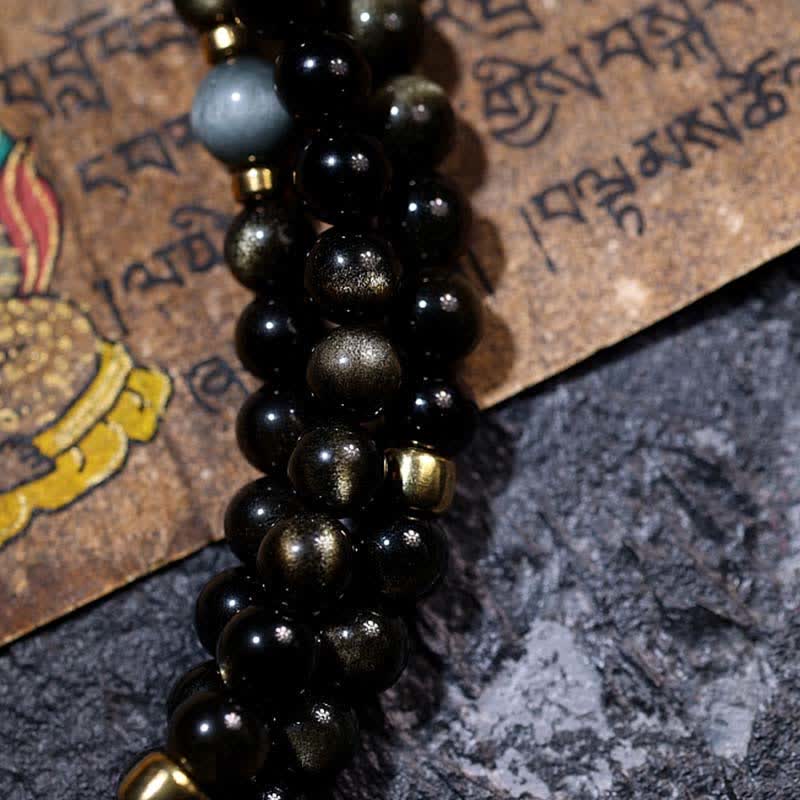 Pulsera de riqueza de piedra de ojo de águila de ojo de tigre de obsidiana con brillo dorado de 108 cuentas Mala