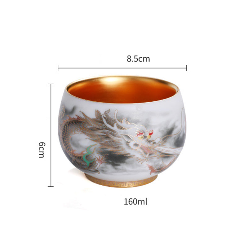 Taza de té de porcelana blanca de cerámica con calabaza dorada de dragón de Buddha Stones, taza de té de Kung Fu de 160ml