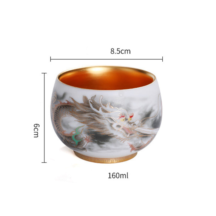 Taza de té de porcelana blanca de cerámica con calabaza dorada de dragón de Buddha Stones, taza de té de Kung Fu de 160ml