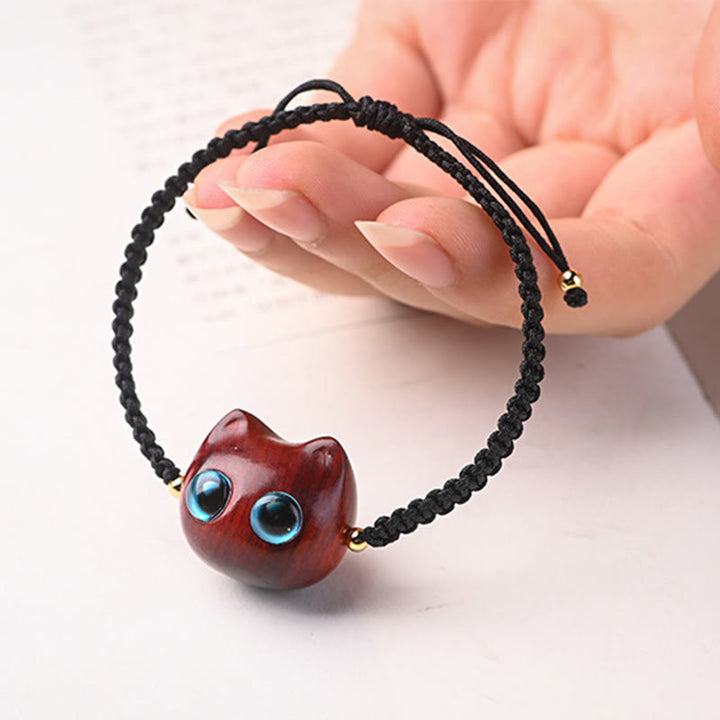 Pulsera trenzada con Buddha Stones, hoja pequeña, sándalo rojo, madera de ébano, cabeza de gato bonita, protección tranquila - image 3