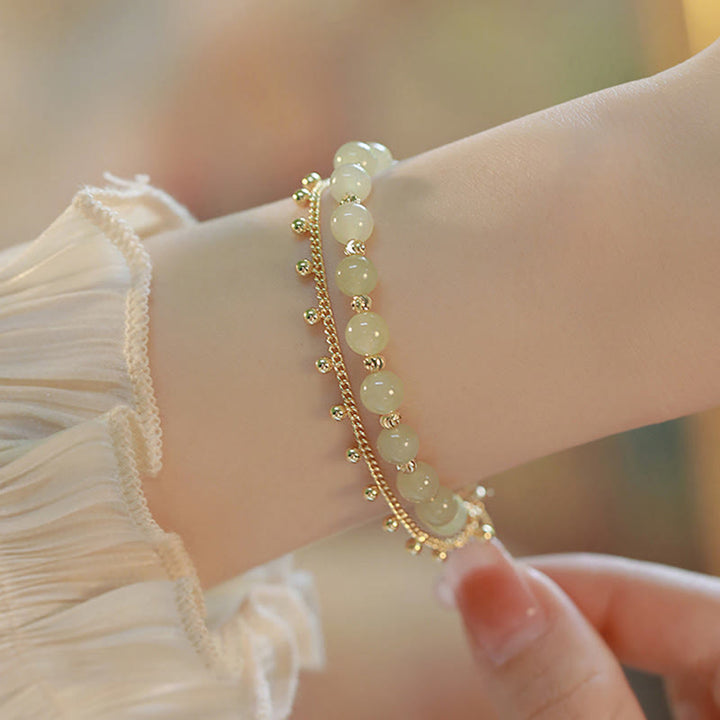 Pulsera de prosperidad de la suerte con cuentas de jade hetiano de 2 capas chapada en oro de 14 quilates