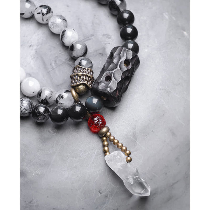 Pulsera de pareja de éxito de cristal blanco de madera de ébano de cuarzo rutilado negro