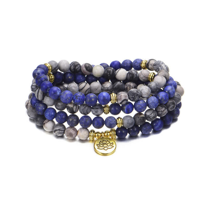 Buddha Stones Lazurita Jaspe Picasso Amazonita Rodonita Apatita Pulsera de cuentas de oración de loto positivo