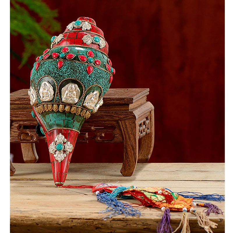 Tibetano hecho a mano Shankha Om Mani Padme Hum Buda Avalokitesvara turquesa Concha decoración positiva - image 12