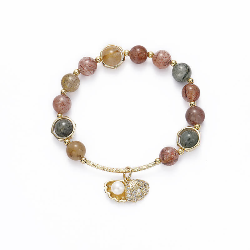 Pulsera de cuentas de protección de concha de cuarzo rutilado de colores naturales con Buddha Stones