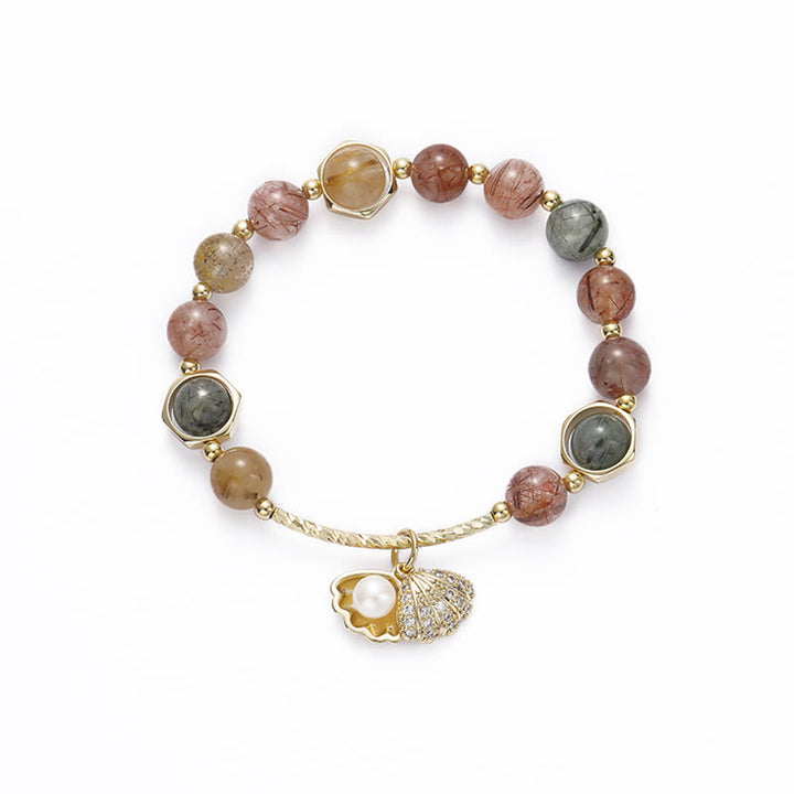 Pulsera de cuentas de protección de concha de cuarzo rutilado de colores naturales con Buddha Stones