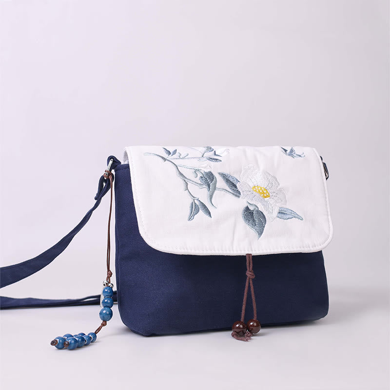 Buddha Stones Camelia bordada Epiphyllum Gardenia Sakura Flores Bolso bandolera Bolso de hombro Bolso para teléfono móvil