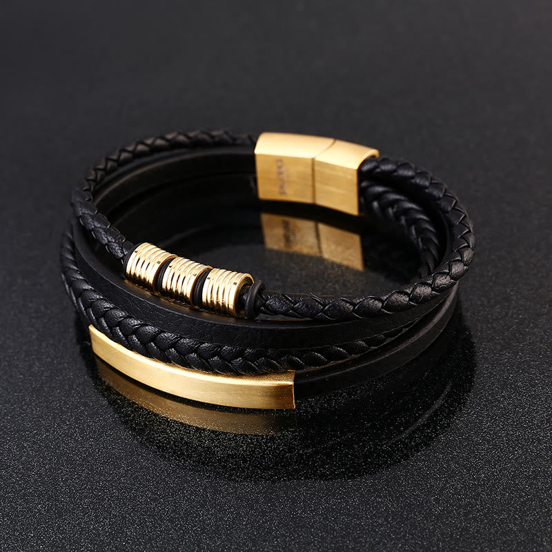 Pulsera con hebilla magnética trenzada con equilibrio de acero y titanio multicapa de cuero con Buddha Stones