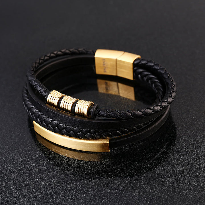 Pulsera con hebilla magnética trenzada con equilibrio de acero y titanio multicapa de cuero con Buddha Stones