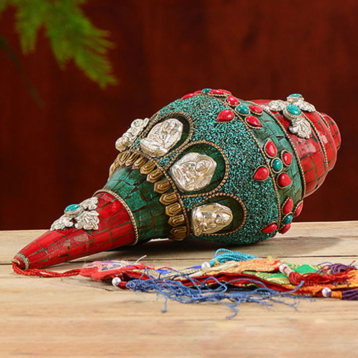 Tibetano hecho a mano Shankha Om Mani Padme Hum Buda Avalokitesvara turquesa Concha decoración positiva - image 2