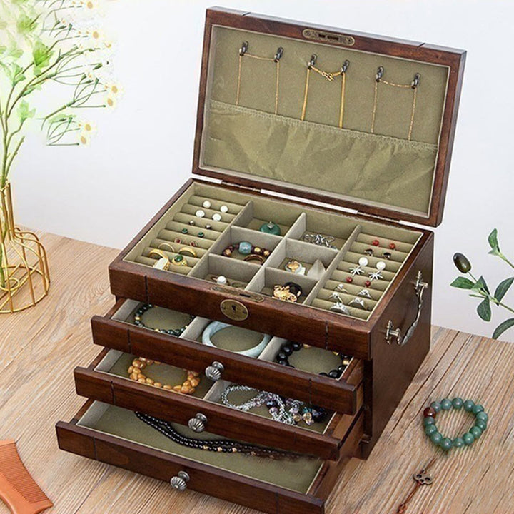 Caja de joyería de madera maciza retro con Buddha Stones, caja de almacenamiento de joyería de madera de cuatro capas