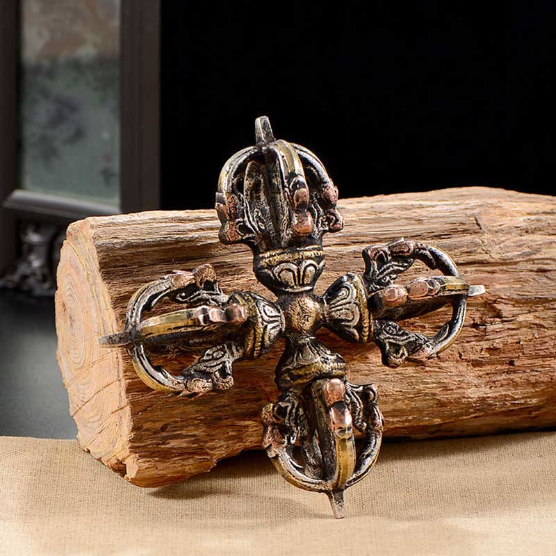 Tibetano hecho a mano 5 puntas doble Dorje cobre hierro Thunderbolt fuerza Vajra
