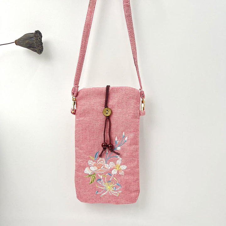 Buddha Stones, pequeñas flores bordadas, bolso de hombro, bolso para teléfono móvil, 11*20cm