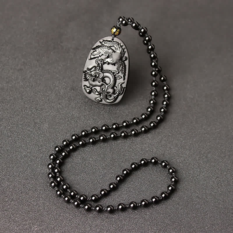 Colgante de collar con cuentas de protección de dragón y fénix de ojo de tigre de obsidiana negra - Cadena de cuentas de obsidiana - image 10