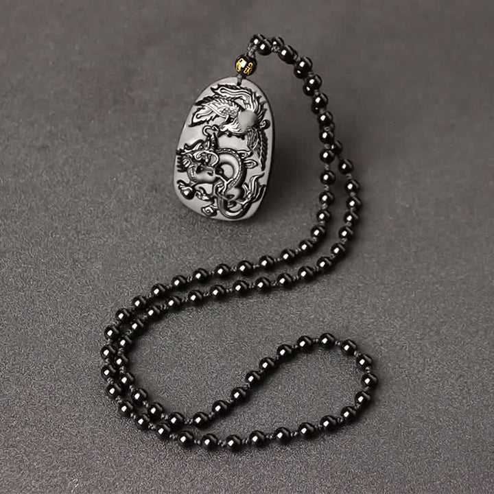 Colgante de collar con cuentas de protección de dragón y fénix de ojo de tigre de obsidiana negra - Cadena de cuentas de obsidiana - image 10