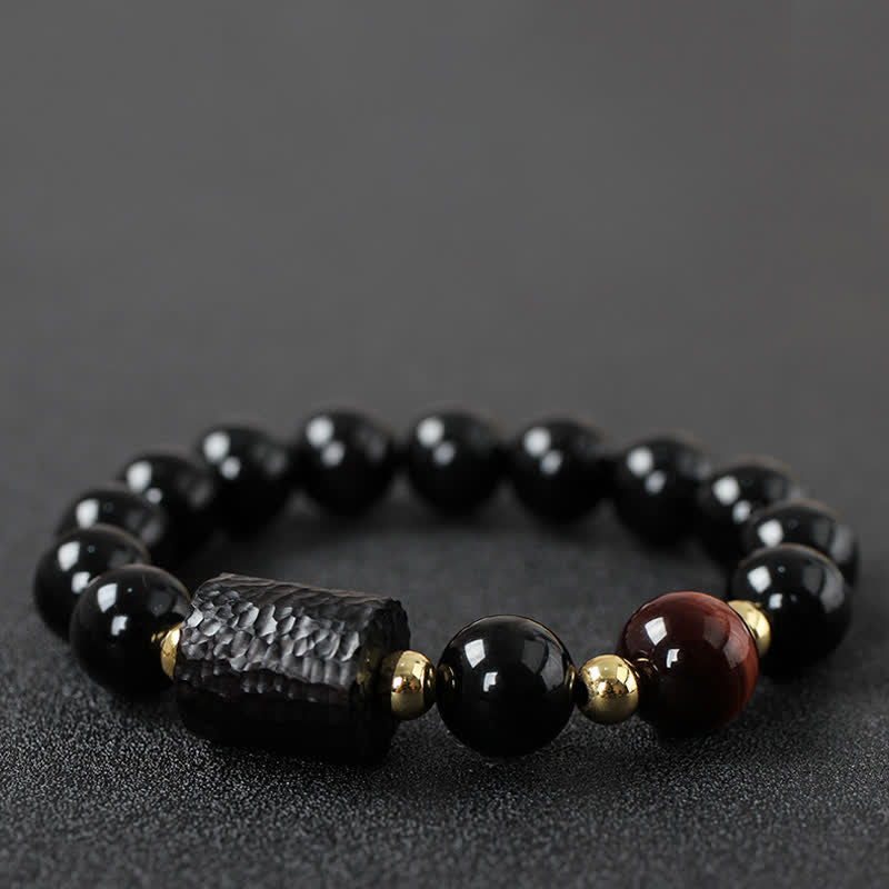 Pulsera de pareja de fuerza de ojo de tigre rojo de madera de ébano de obsidiana negra