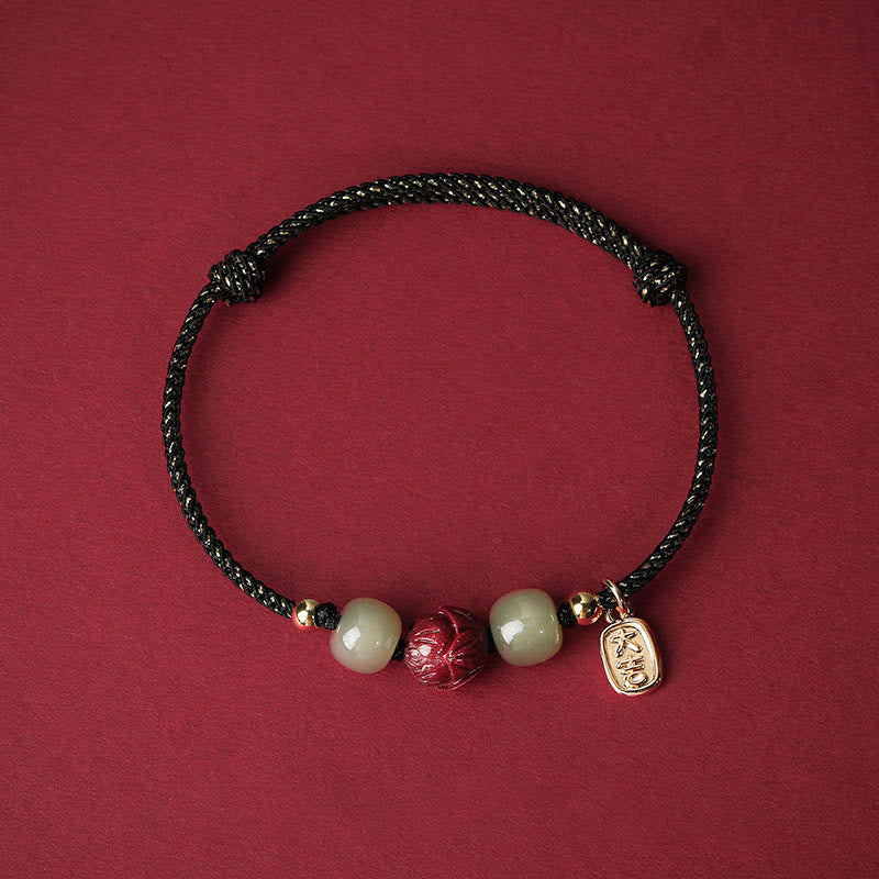Pulsera de cuerda hecha a mano con Buddha Stones chapadas en oro de 14 quilates, jade hetiano, cinabrio, suerte de loto - Cuerda negra (circunferencia de la muñeca: 13-18 cm) - image 6