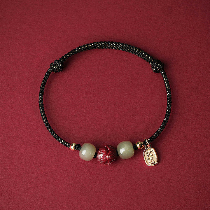 Pulsera de cuerda hecha a mano con Buddha Stones chapadas en oro de 14 quilates, jade hetiano, cinabrio, suerte de loto - Cuerda negra (circunferencia de la muñeca: 13-18 cm) - image 6