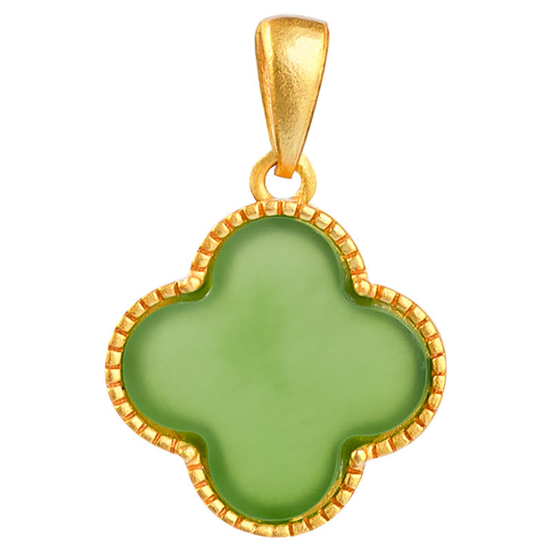 Collar con colgante de trébol de cuatro hojas de la suerte de jade hetiano natural de plata de ley 925 con Buddha Stones