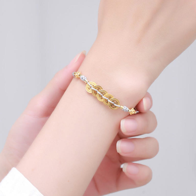 Pulsera trenzada de cuerda azul con Buddha Stones, moneda de cobre, árbol de la fortuna, perla, suerte