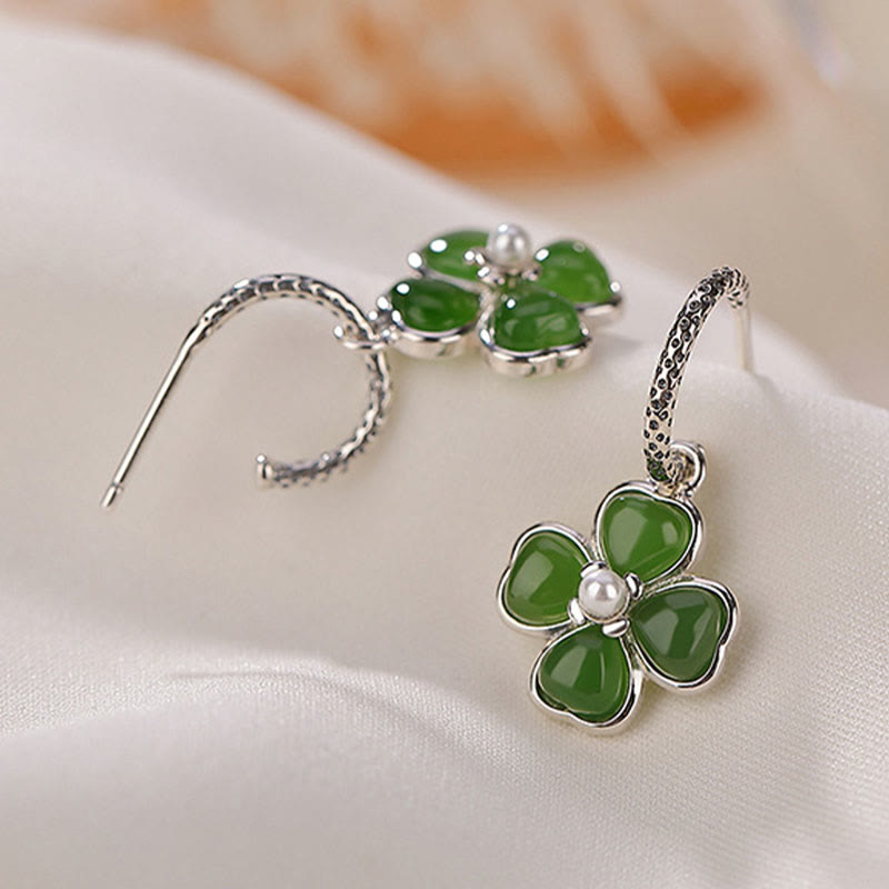 Pendientes de plata de ley 925 con Buddha Stones , jade cian natural, trébol de cuatro hojas, suerte y éxito