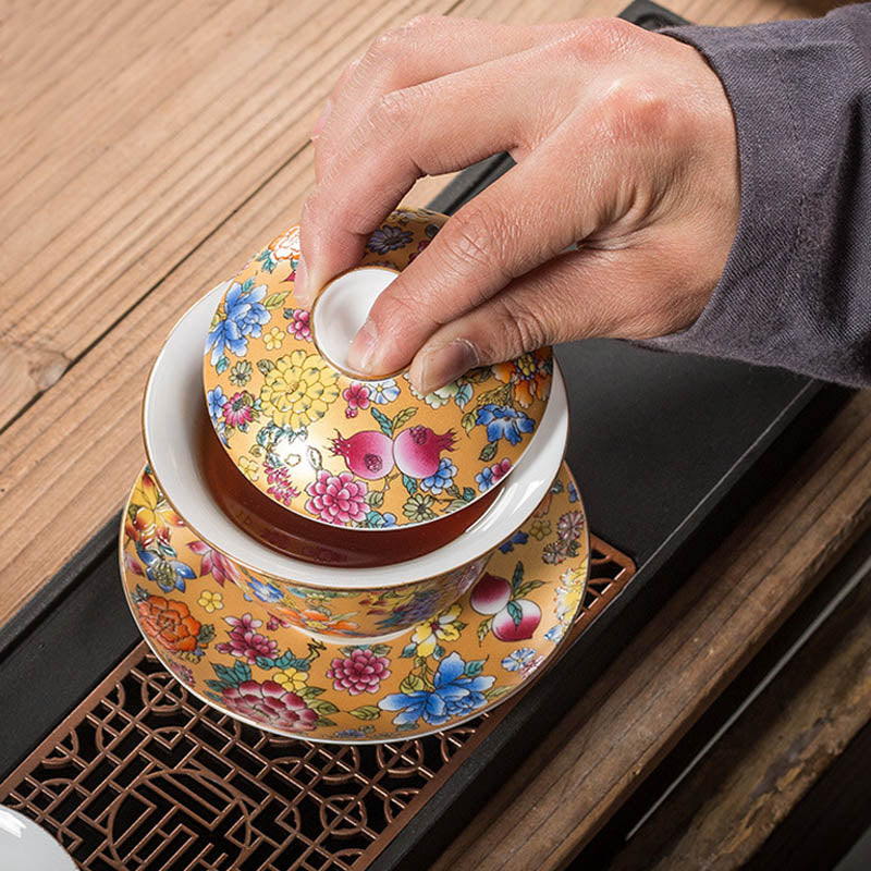 Taza de té y platillo con tapa, Gaiwan Sancai de cerámica, flores de peonía, Buddha Stones , Kung Fu