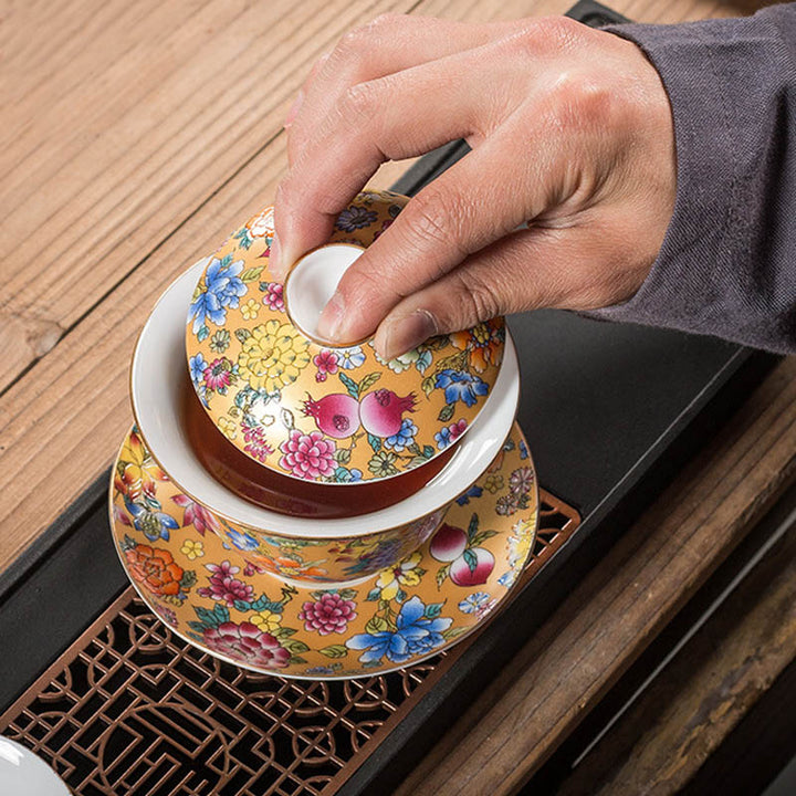 Taza de té y platillo con tapa, Gaiwan Sancai de cerámica, flores de peonía, Buddha Stones , Kung Fu