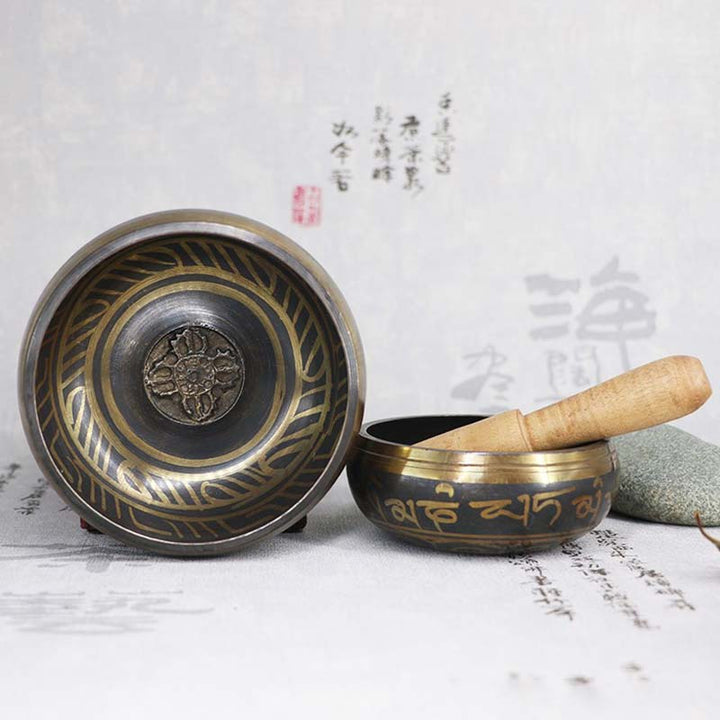 Cuenco de meditación tibetano con Buddha Stones para curación y atención plena, cuenco tibetano Om Mani Padme Hum