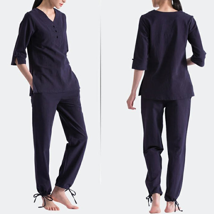 Conjunto de ropa de lino y algodón con diseño de cuello en V para mujer, uniforme de práctica Zen, Buddha Stones, Yoga, meditación y oración