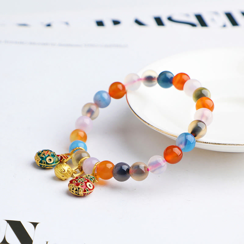 Pulsera con dijes de armonía de melocotón, familia de bestias tragadoras de oro, ágata de caramelo colorida, Buddha Stones